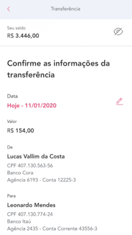 GIF animado de como realizar uma transferência no aplicativo da Cora.